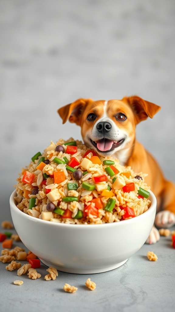 A bowl of rice and vegetables for dogs with a happy dog in the background.