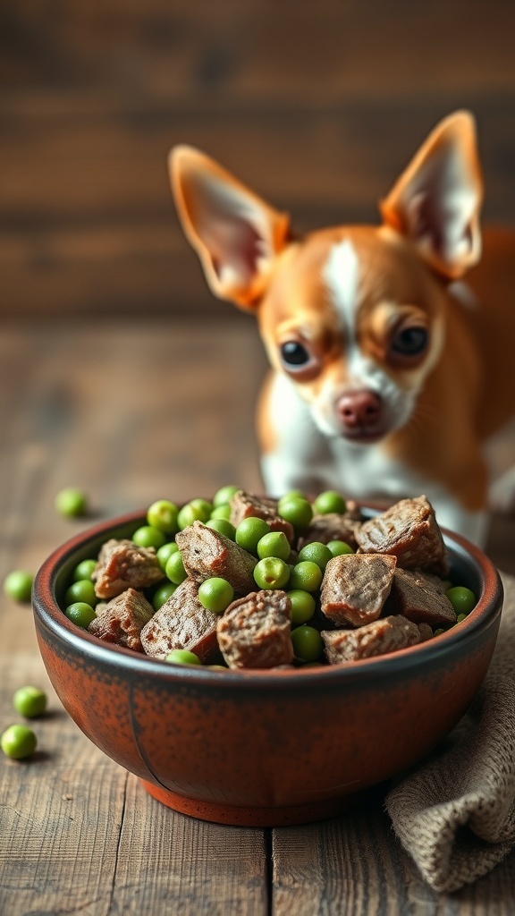 A bowl of homemade dog food featuring lamb chunks and peas, with a chihuahua in the background.
