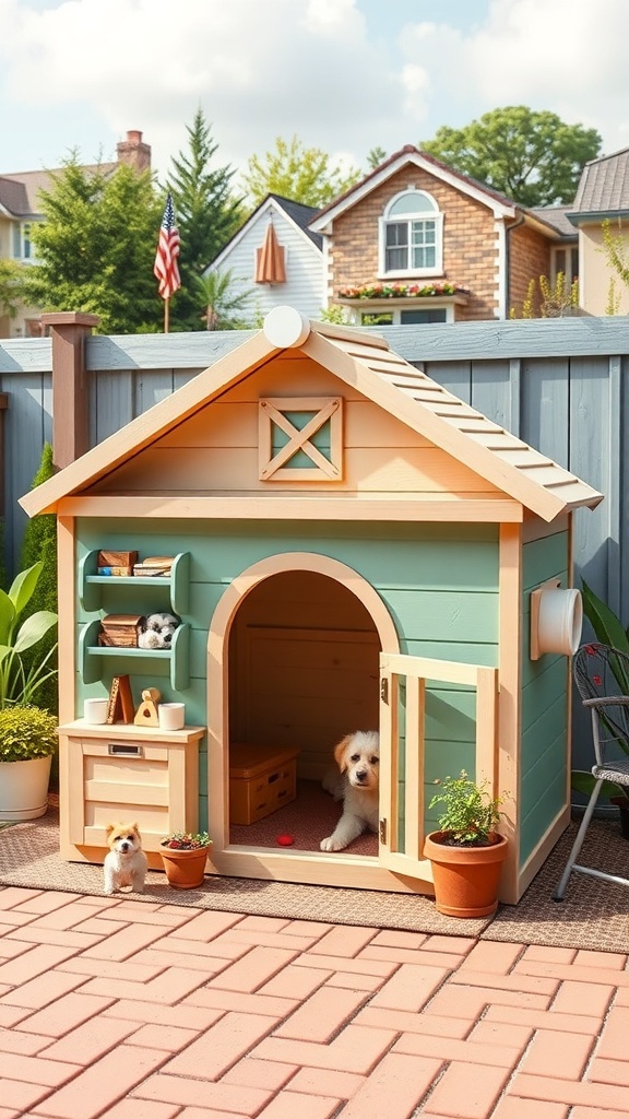 A customizable modular dog house with a cozy entrance, colorful design, and shelves for storage.