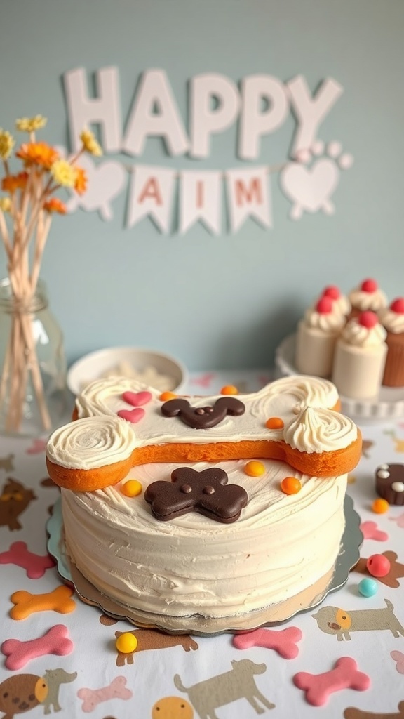 A bone-shaped cake decorated with colorful candies and a festive background.