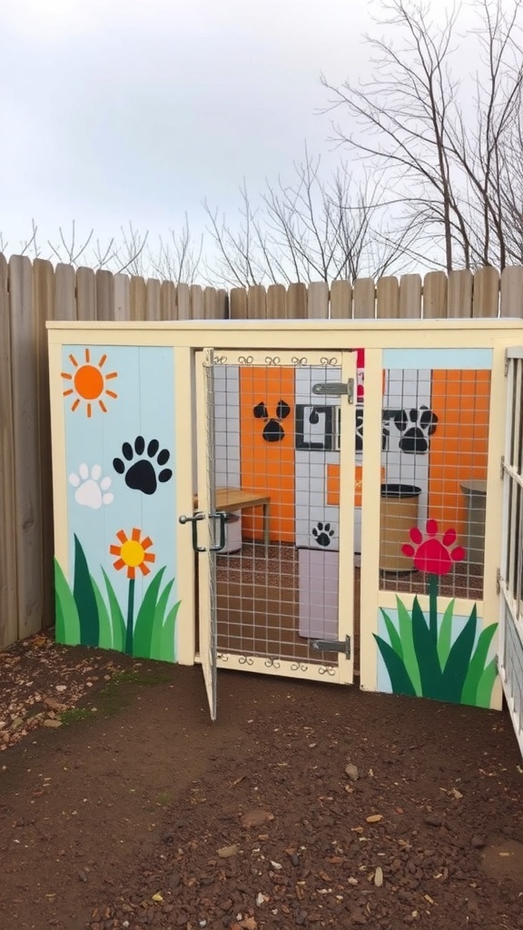 Colorful themed dog kennel with painted flowers and paw prints.