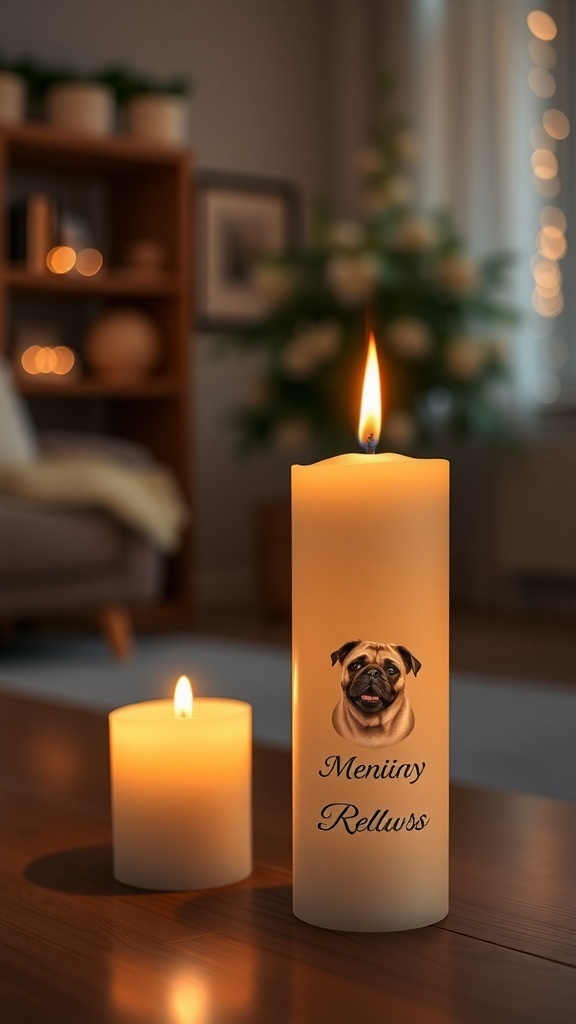 A personalized memorial candle with a dog's face and name, lit alongside a smaller candle.