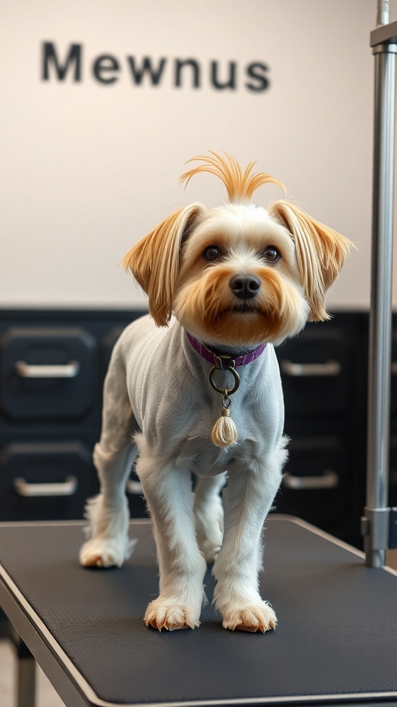 A cute dog with a stylish haircut standing on a grooming table