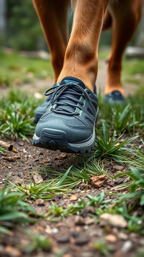 Close-up of a person's foot wearing a sturdy outdoor shoe on a grassy path.