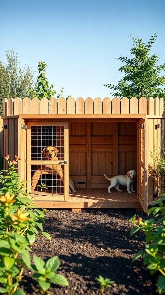 Eco-friendly dog kennel made of wood with two dogs inside, surrounded by plants