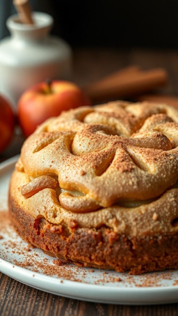 A freshly baked apple cinnamon dog cake on a plate, surrounded by apples and cinnamon sticks.
