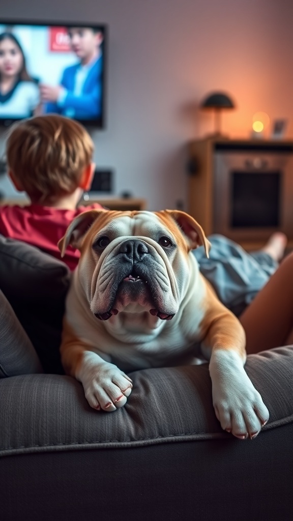 A bulldog sitting on a couch next to a child, watching TV together.
