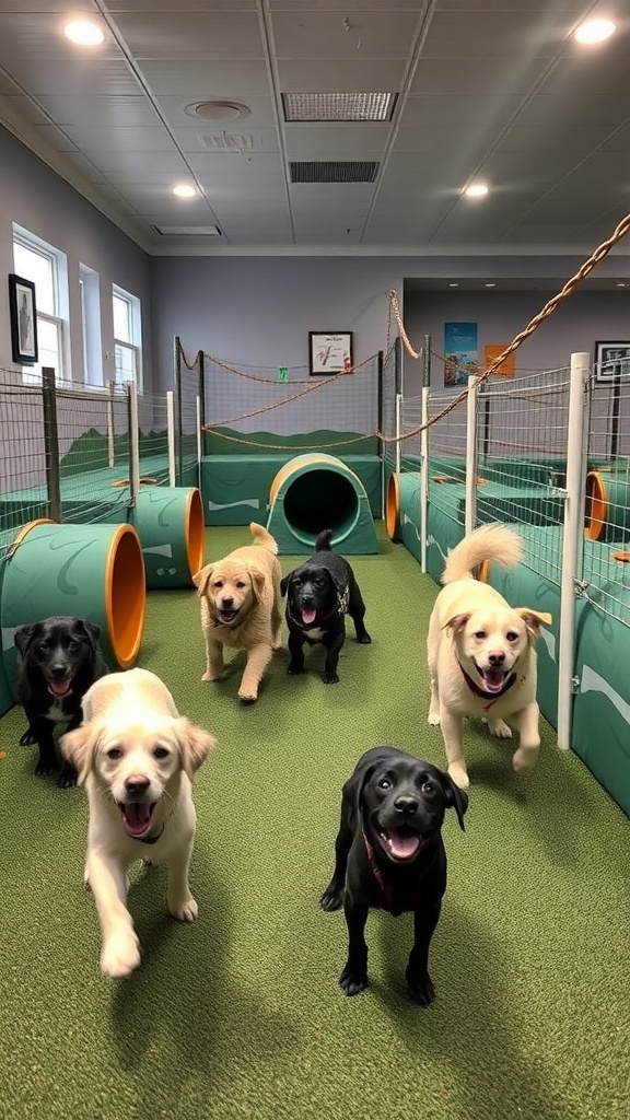 A lively indoor dog run with multiple dogs playing, featuring tunnels and a green surface.