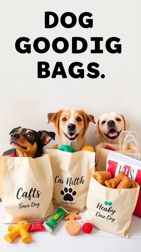 Three dogs looking at personalized goodie bags filled with treats and toys.