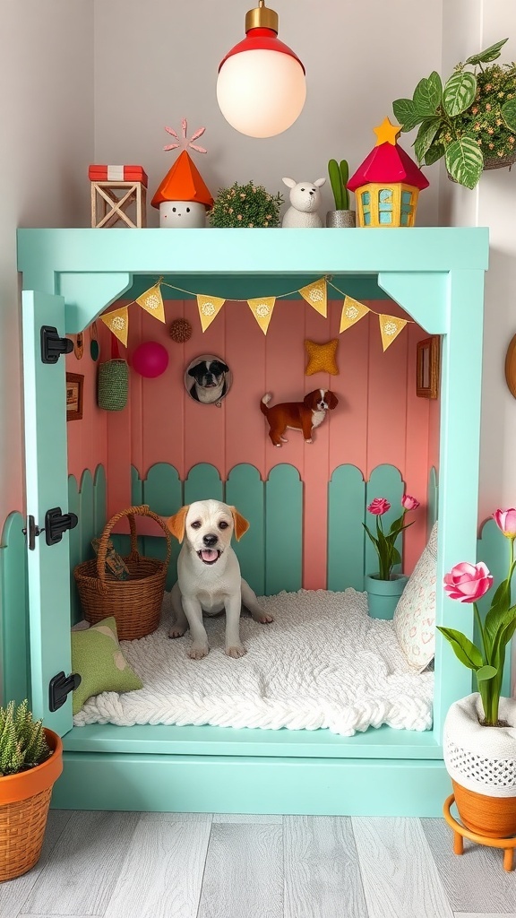 A colorful themed dog kennel for small breeds featuring playful decor and a cozy interior.