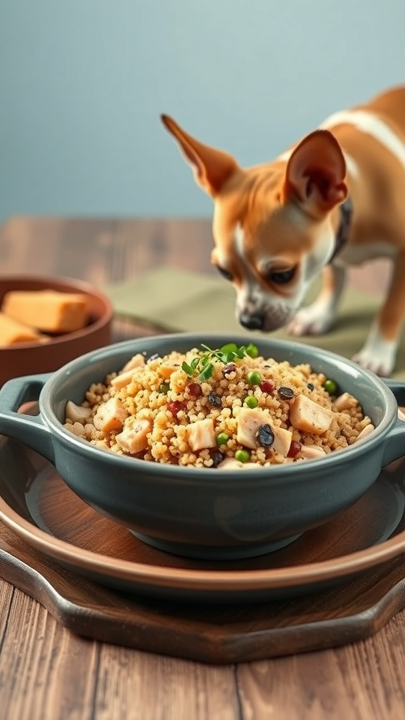 A bowl of fish and quinoa dog food with a Chihuahua looking at it