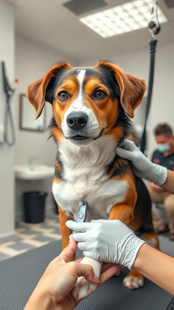 A calm dog receiving a nail trim in a grooming setting