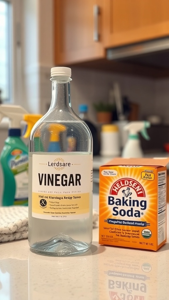 Vinegar and baking soda on a kitchen counter, ready for homemade cleaning solutions.
