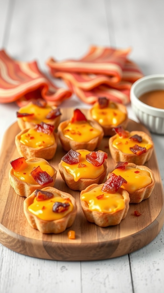 A tray of cheesy bacon bites for dogs, featuring golden cheese and crispy bacon bits.