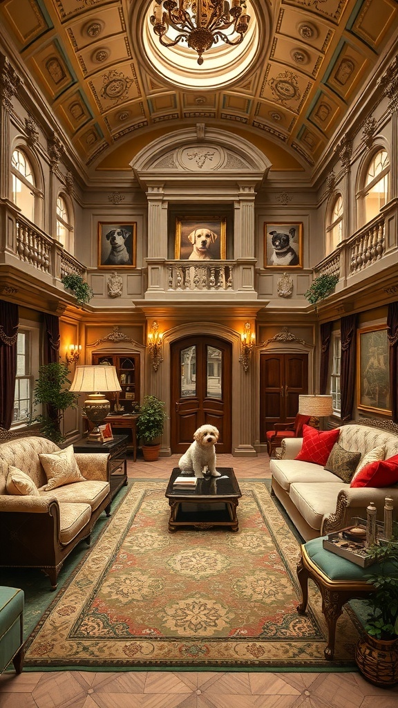 A luxurious dog mansion with elegant furniture and decor, featuring a small dog sitting on a coffee table.