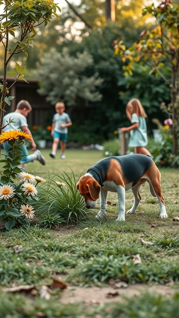 A Beagle sniffing around in a garden while children play in the background.