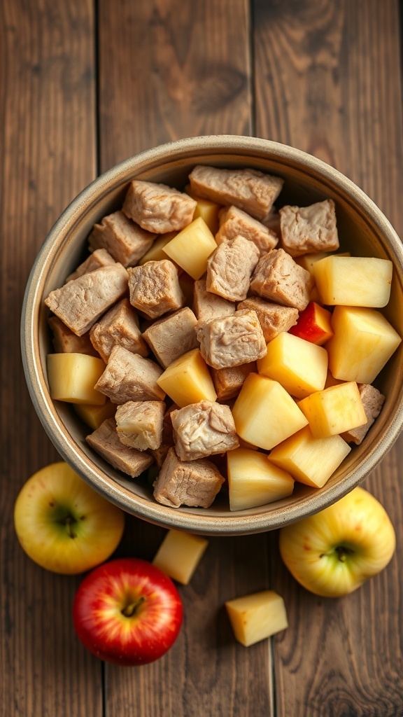 Bowl of pork and apple chunks for homemade dog food