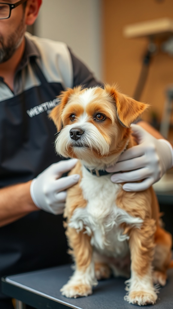 A dog being groomed by a professional, showcasing the importance of regular grooming for pet health.