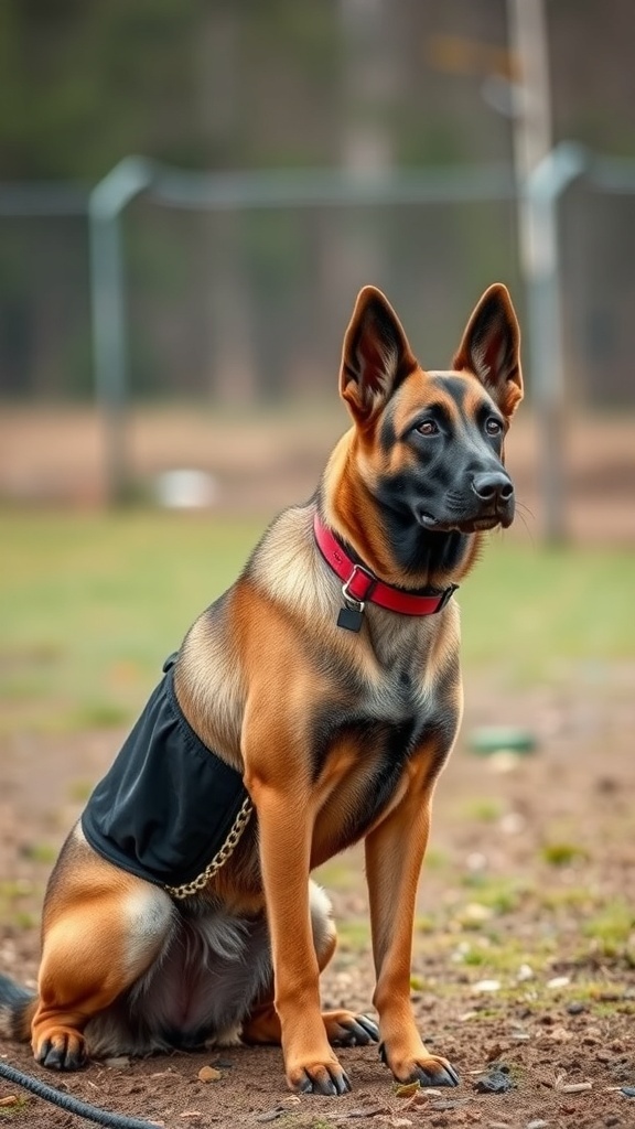 A Belgian Malinois dog sitting attentively in a training environment, wearing a black vest and a red collar.