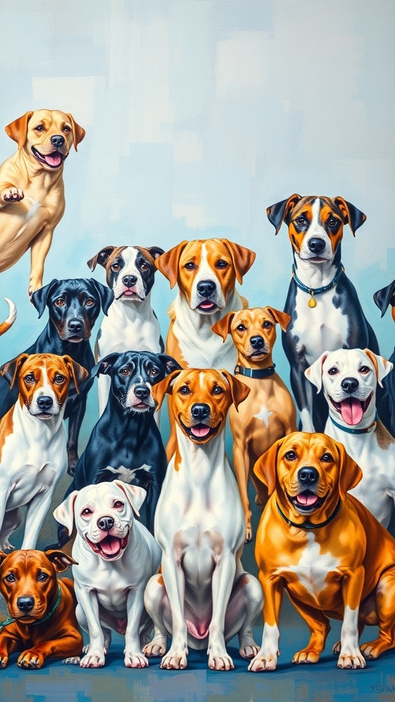 A colorful painting featuring a group of happy dogs of various breeds, showcasing their playful and joyful expressions.