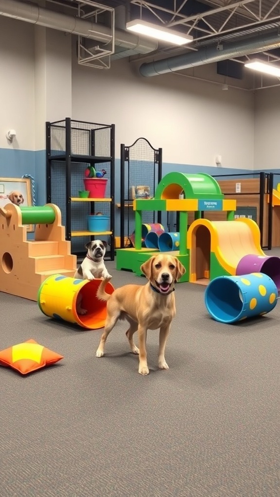 A colorful indoor dog play area with various play structures and two dogs playing.