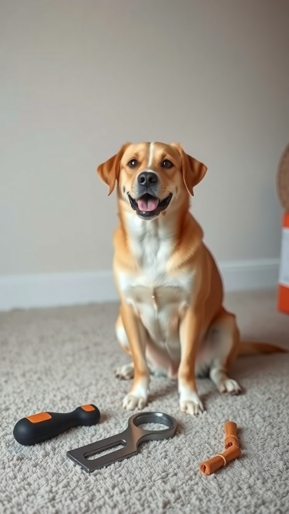 A happy dog sitting on a carpet with toys around it.