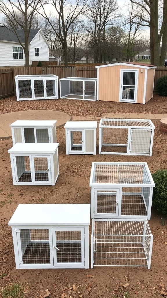 A variety of customizable modular dog kennel units arranged in an outdoor space.