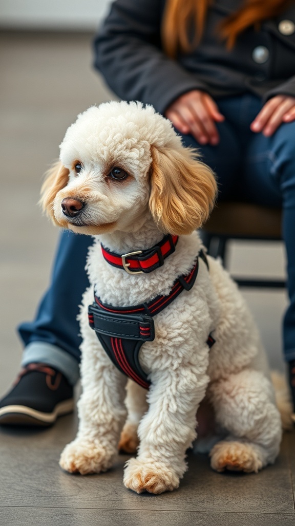 A Poodle dog wearing a harness, sitting next to its owner.