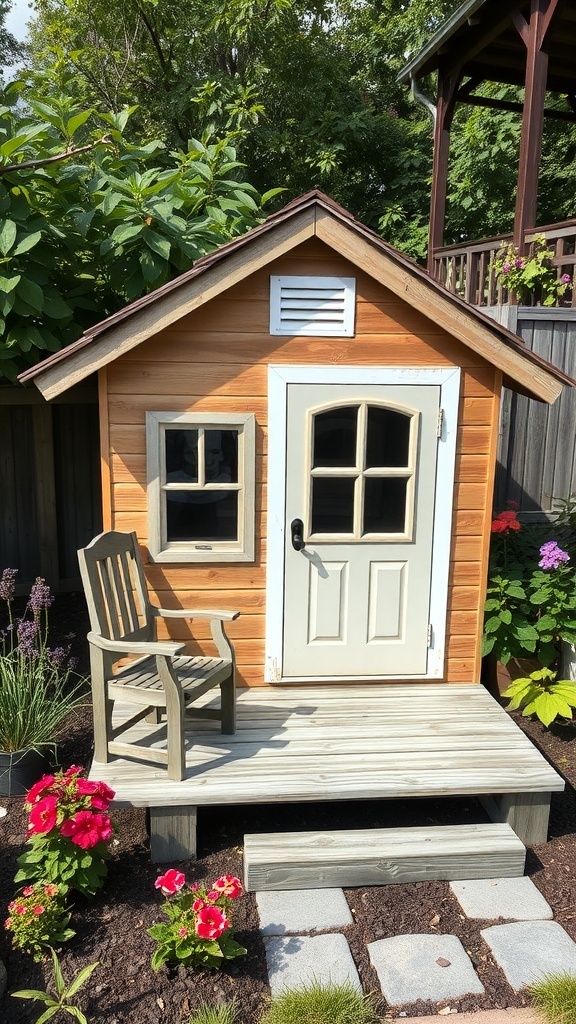 A wooden dog house with an outdoor deck surrounded by flowers.
