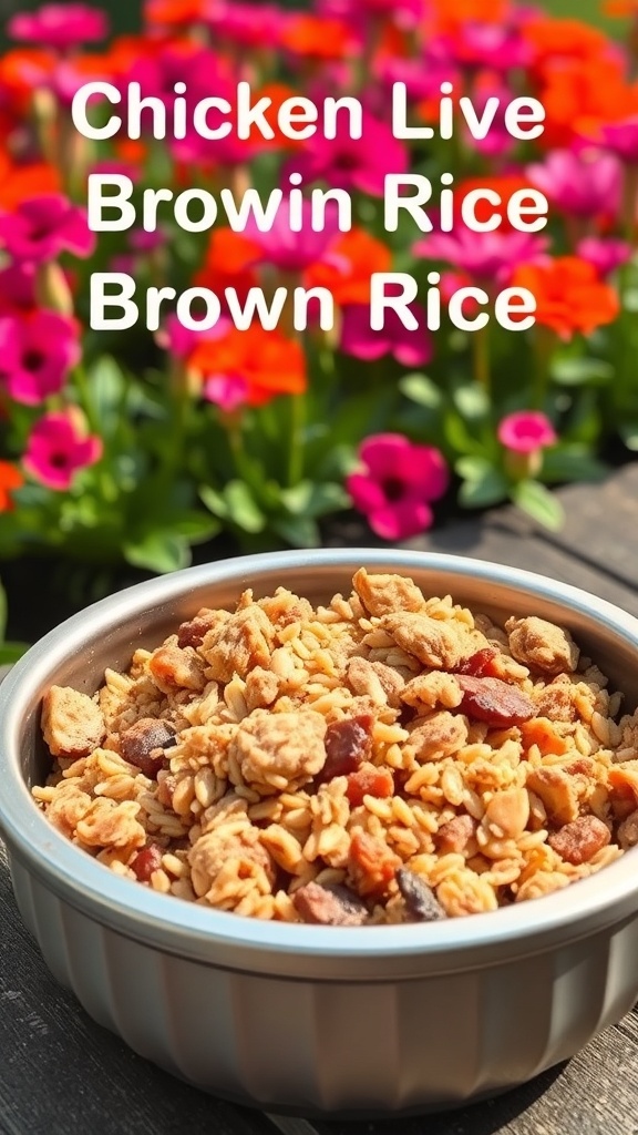 A bowl of Chicken Liver and Brown Rice Mix with colorful flowers in the background.