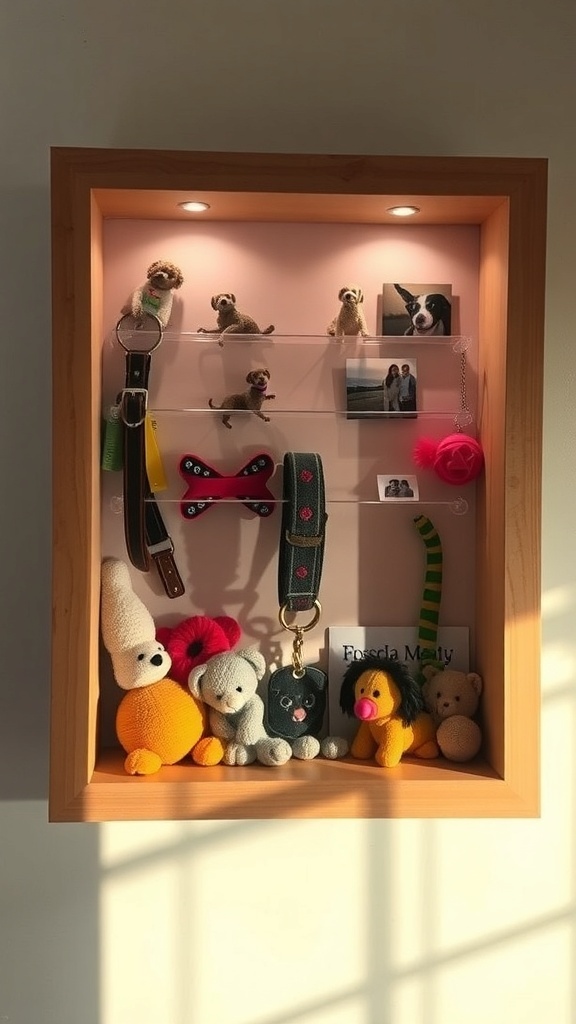 A memory shadow box displaying a dog's collar, toys, and photos, beautifully lit and arranged.