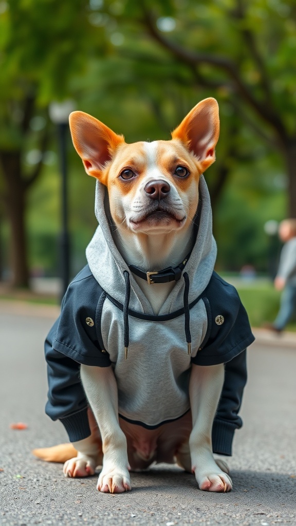 A stylish dog wearing a gray and navy hoodie, sitting on a path in a park.