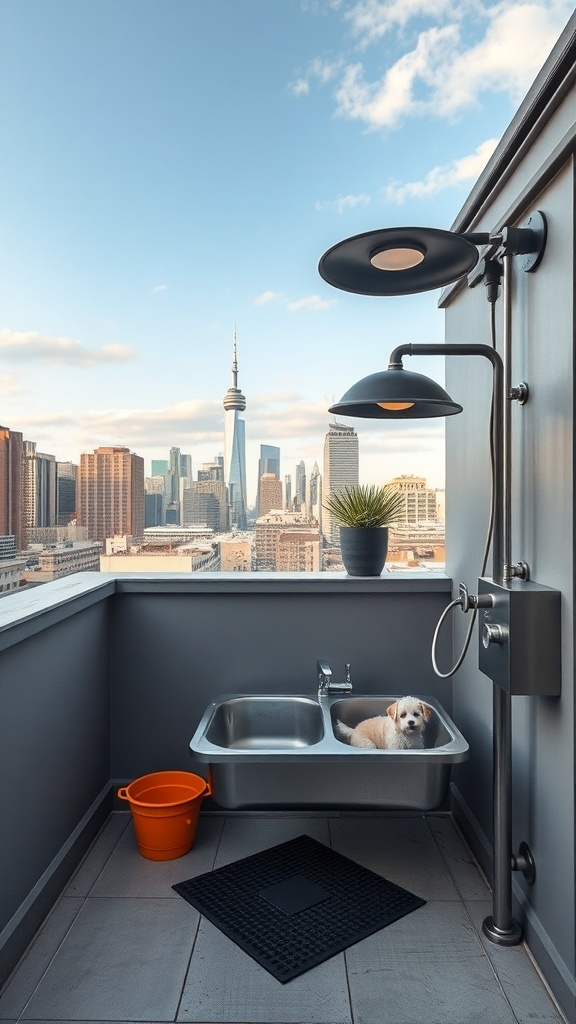 A rooftop dog washing station with a city skyline view, featuring a stainless steel tub, orange bucket, and modern lighting.