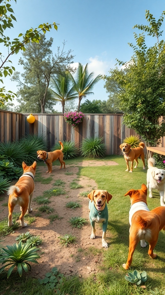 A lively dog run with several dogs playing in a green space surrounded by trees and a wooden fence.