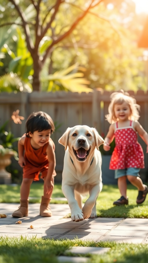 A happy Labrador Retriever playing with two children in a sunny backyard.
