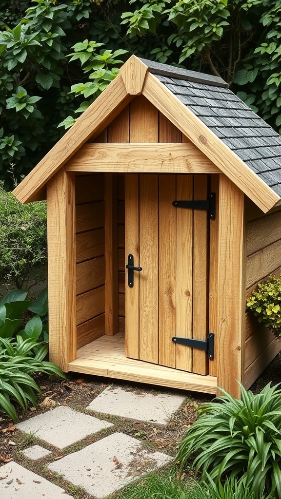 A rustic wooden dog house with a gabled roof and a wooden door, surrounded by green plants.