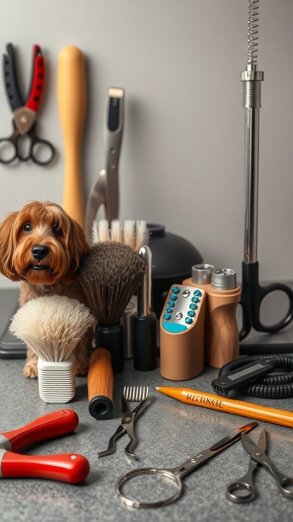 A cute dog surrounded by various dog grooming tools including brushes, scissors, and clippers.