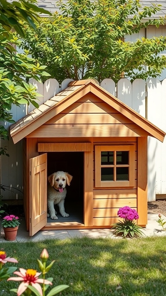 A stylish wooden dog house with a porch, surrounded by flowers and greenery, with a dog peeking out.