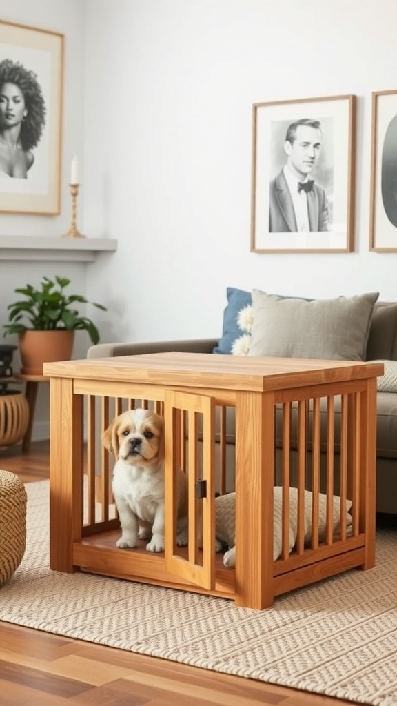 A stylish wooden dog crate that serves as a side table, featuring a small dog inside.