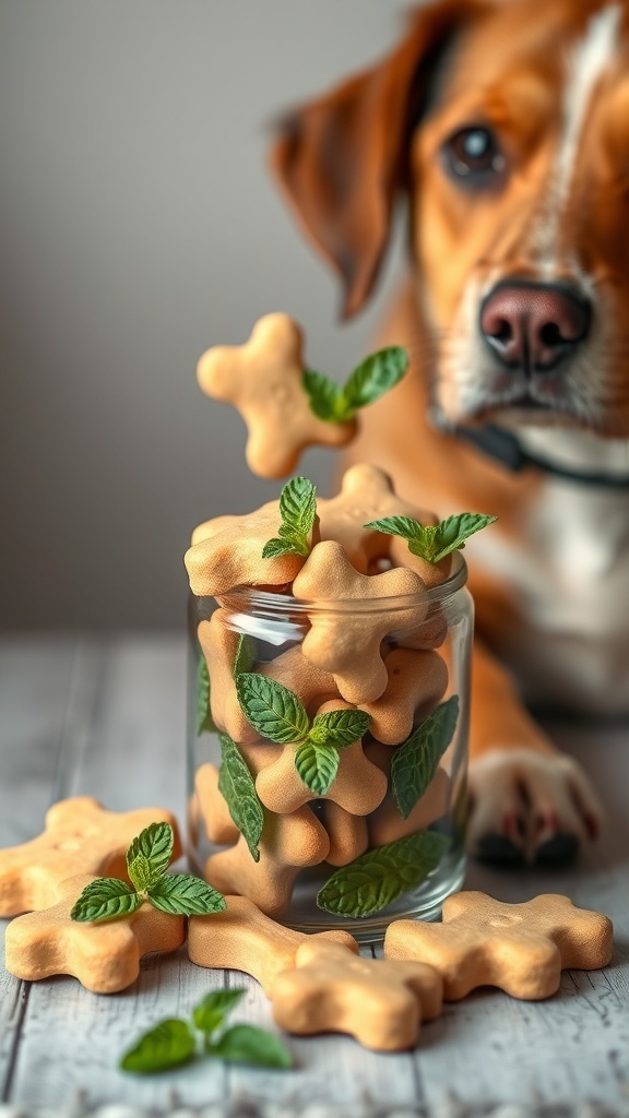 A jar filled with minty dog biscuits and fresh mint leaves, with a dog in the background.