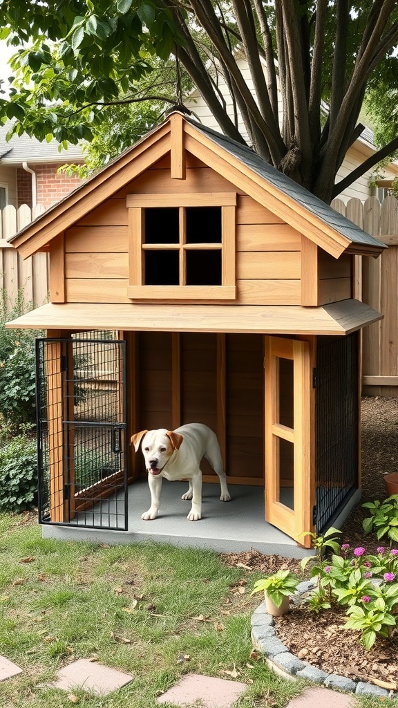 A wooden dog house with an integrated kennel, featuring a dog standing at the entrance.
