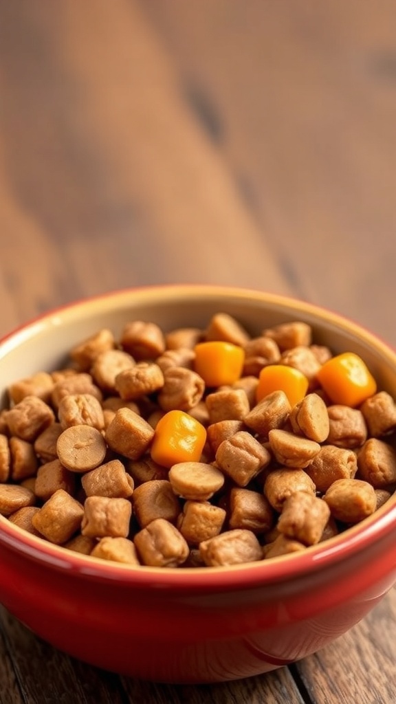 A bowl of turkey and pumpkin dog treats surrounded by pumpkins and autumn leaves.