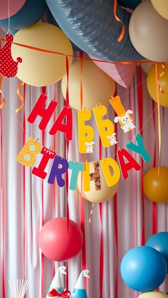 Colorful birthday banner saying 'HAPPY BIRTHDAY' with balloons in the background