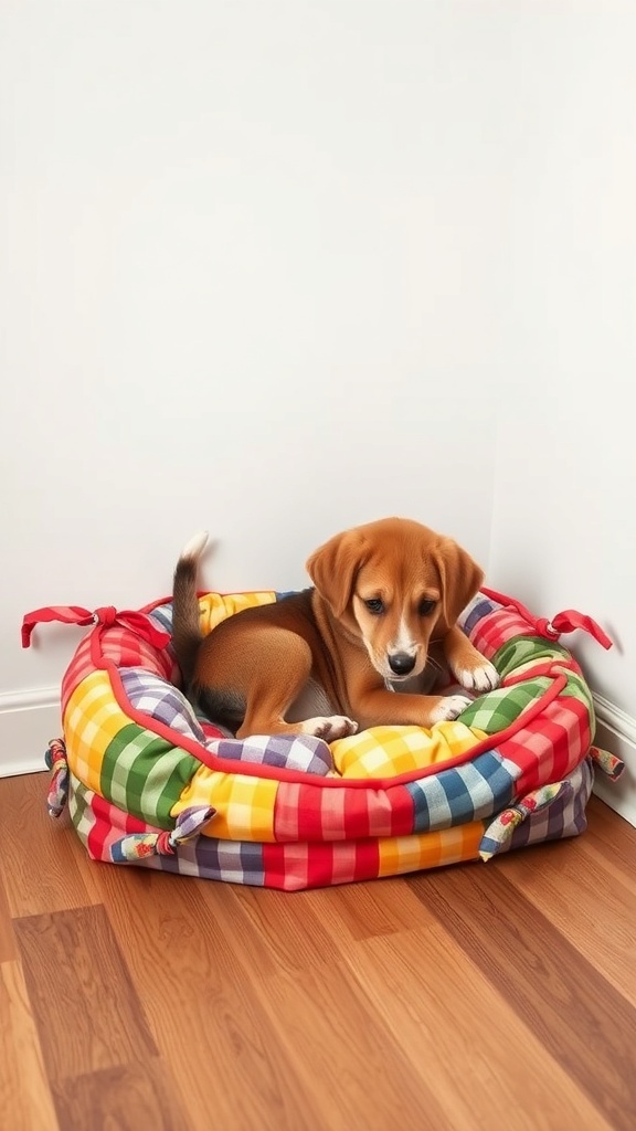 A beagle puppy resting in a colorful no-sew dog bed.
