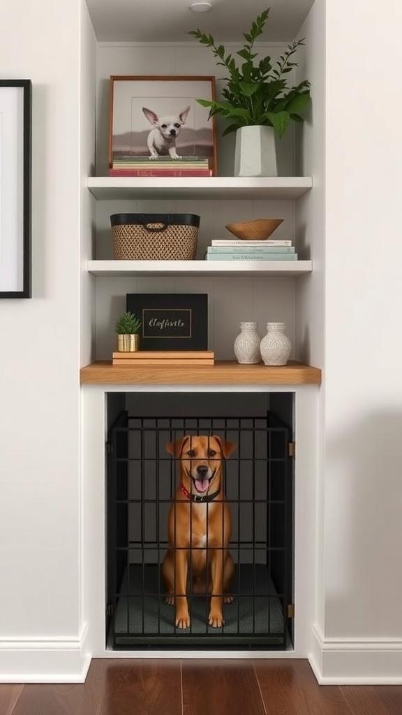A stylish built-in dog crate unit with a happy dog inside, surrounded by decorative shelves.