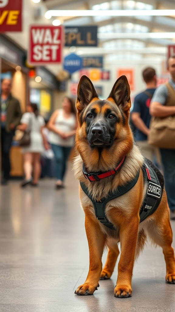 A German Shepherd in a service vest standing in a busy area, showcasing its loyalty and protective nature.