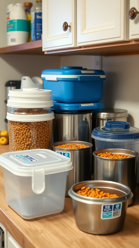 Various dog food storage containers in a kitchen setting, including plastic and stainless steel options.