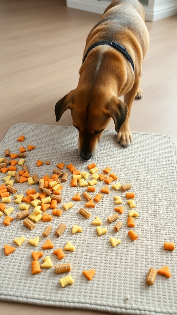 A dog sniffing around a snuffle mat filled with various treats.