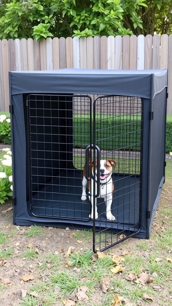 Portable dog kennel with two dogs inside, set in a green outdoor area.