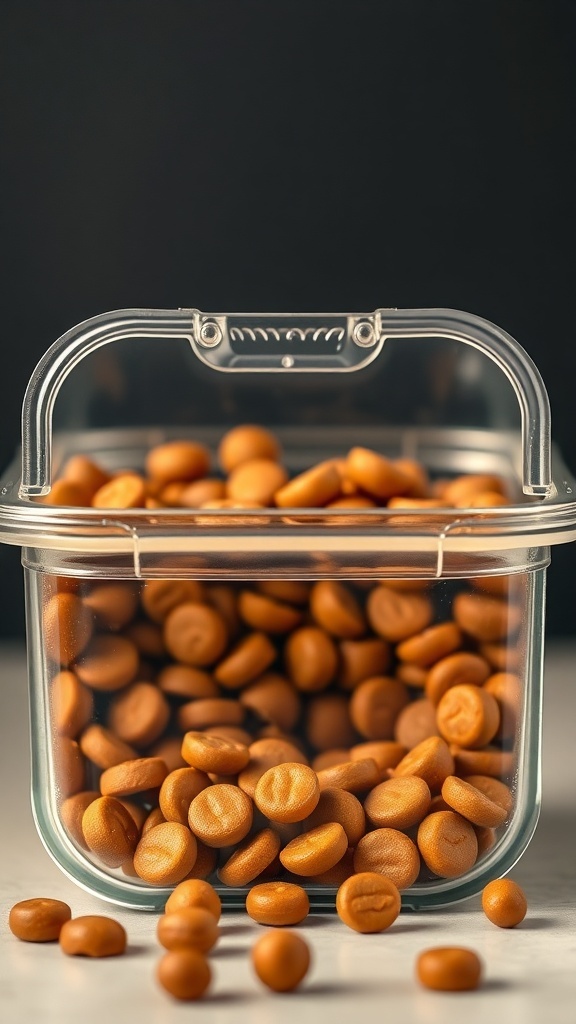 A clear airtight container filled with round brown dog food pellets.